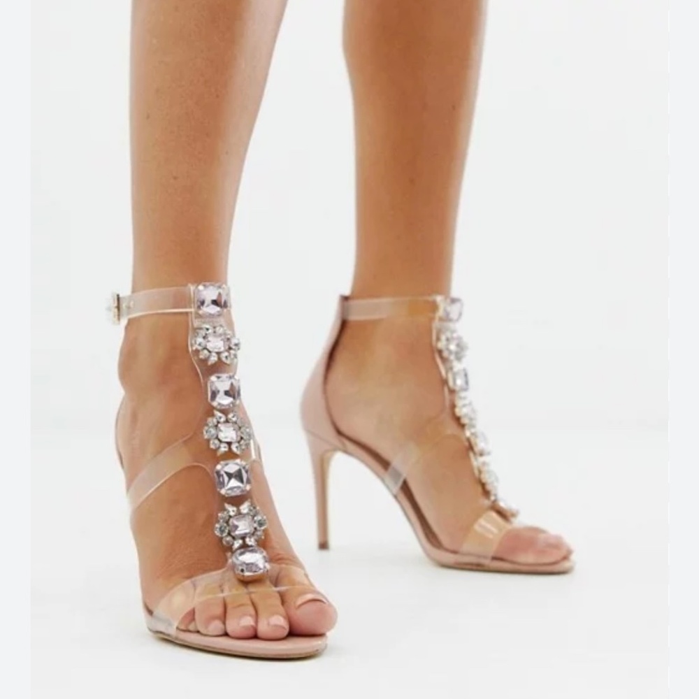 Aldo Nude Crystal T-Strap High Heel Sandals